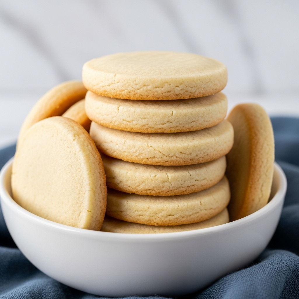 A close-up view of round, pale beige cookies stacked inside a white bowl with a glossy surface. The cookies have smooth textures with slightly rough edges, layered in the bowl so that the front cookies stand upright, showing their flat circular faces, while others lean against each other, creating a sense of depth. The background features soft folds of dark blue cloth on a white marbled surface, giving a cozy and clean setting. Photo taken with an iphone --ar 4:5 --v 7