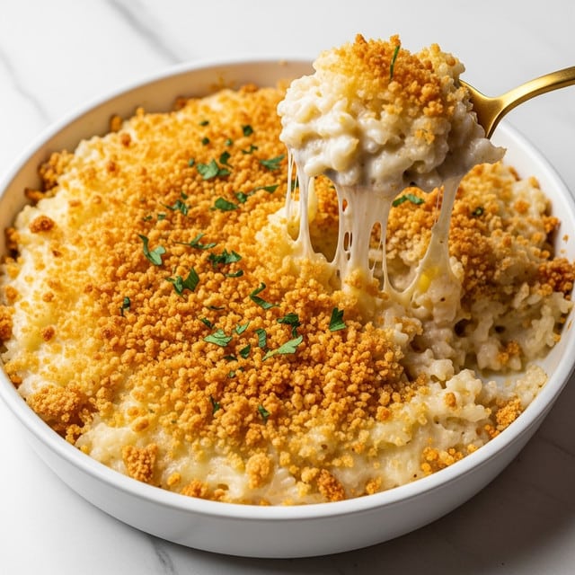 A close-up of a white bowl filled with creamy cheesy rice, topped with a golden crispy layer of browned fried onions. The dish shows three distinct layers: the bottom layer is soft and creamy white rice mixed with melted cheese that stretches as a spoon lifts a portion, the middle layer is a thicker creamy rice layer, and the top layer is a crunchy golden brown onion topping with small green parsley bits scattered on top. The spoon is golden and hovering above the bowl with the lifted portion showing the cheese pulling softly down. The background is a white marbled texture. photo taken with an iphone --ar 4:5 --v 7
