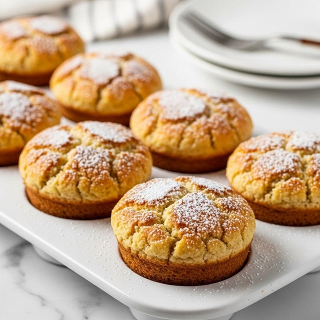 The image shows six golden-brown pastel de nata arranged inside a white muffin tray. Each pastel de nata has a slightly crispy, caramelized top with a deep golden color, showing some darker brown spots typical of toasted custard. The flaky pastry crust wraps around the creamy custard filling and forms a scalloped edge. The muffins sit on a white marbled surface, with a blurred glimpse of a white plate and fork in the background. The scene is warmly lit, highlighting the soft texture of the custard and the layered pastry. Photo taken with an iphone --ar 4:5 --v 7