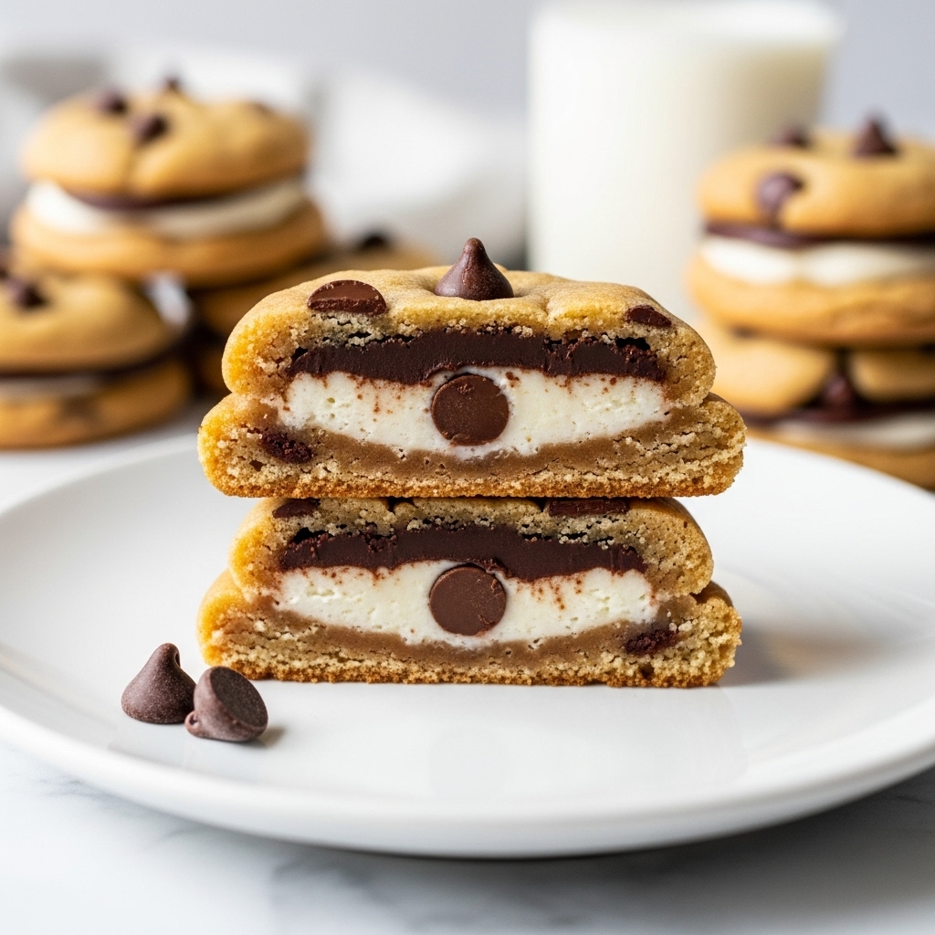 A white plate holds a stack of two chocolate chip cookies cut in half to show their inside layers. Each cookie has a golden brown outer layer with chocolate chips baked in, followed by a thick dark chocolate layer right inside the cookie dough. The center is filled with a white creamy layer that has a soft and smooth texture with a single visible chocolate chip inside. Two dark chocolate chips sit on the plate in front of the cookies. In the background, there are more stacked whole chocolate chip cookies and a blurred glass of milk, all set on a white marbled surface. photo taken with an iphone --ar 4:5 --v 7