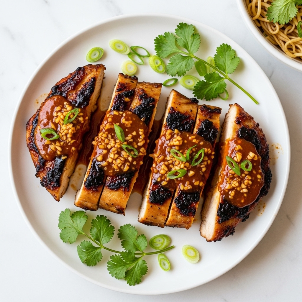 The dish shows four pieces of grilled chicken on a white plate, each piece sliced into thick strips with a glossy, reddish-brown sauce coating the top. The chicken has some parts with a slightly charred, dark brown texture and visible bits of minced garlic and herbs on the sauce. Around the chicken, there are scattered slices of green onions and fresh cilantro leaves adding a touch of green. The edge of the plate rests on a white marbled background, and in the upper right corner, part of a bowl of noodles with some green herbs can be seen. Photo taken with an iphone --ar 4:5 --v 7