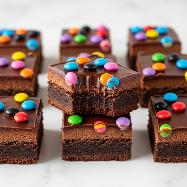 This image shows a chocolate brownie cut into small squares arranged on a white marbled surface. Each brownie has two layers: a dense, dark brown bottom layer that looks fudgy and moist, and a smooth, glossy chocolate ganache top layer that is slightly shiny. On top of the ganache, there are colorful small round candy-like sprinkles in bright colors such as blue, orange, pink, purple, red, black, and green, scattered unevenly. One brownie is stacked on top of another, with the top piece showing a bite taken from the edge, revealing the rich and soft texture inside. photo taken with an iphone --ar 4:5 --v 7