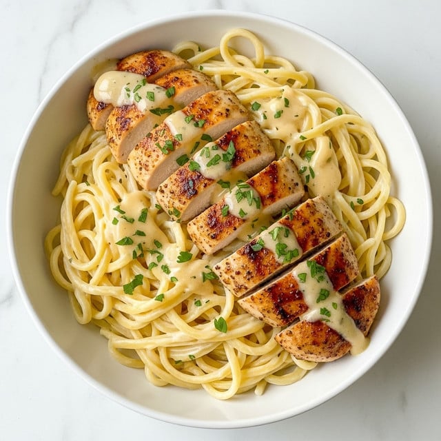 A white bowl holds creamy fettuccine pasta at the bottom layer, smooth and coated with light yellow sauce. On top, five pieces of golden-brown grilled chicken with light grill marks are placed evenly in a row. The chicken pieces are drizzled with a small amount of creamy white sauce and sprinkled with finely chopped green herbs. The background shows a white marbled texture. Photo taken with an iphone --ar 4:5 --v 7