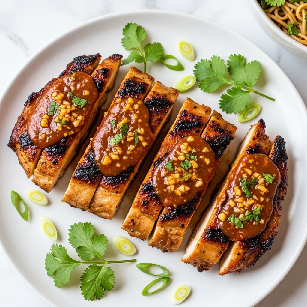 The image shows several pieces of grilled chicken on a white plate arranged in a loose circle. The chicken pieces have a golden-brown color with some darker charred edges, coated in a shiny glaze with small bits of garlic and green herbs. Scattered slices of light green onion are spread across the chicken, and sprigs of fresh green cilantro are placed on the plate around the chicken. The plate rests on a white marbled surface, and in the background to the upper right, a part of a bowl filled with cooked noodles and green herbs is visible. Photo taken with an iphone --ar 4:5 --v 7