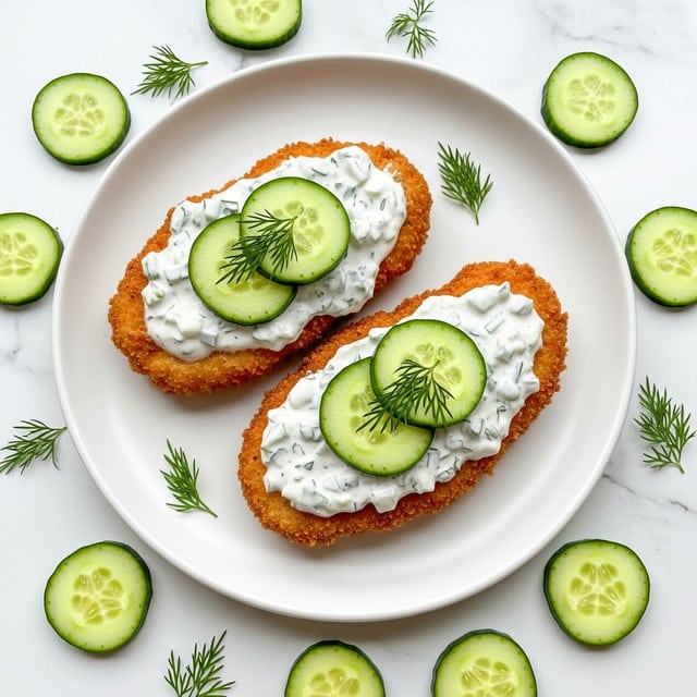 Two pieces of golden-brown crispy fried chicken cutlets are placed on a white plate with a slight texture, topped with a thick layer of creamy white sauce mixed with green herbs. Each cutlet is decorated with three fresh cucumber slices and a small sprig of dill on top. Scattered cucumber slices and small dill sprigs surround the cutlets on the plate, which sits on a white marbled textured surface. photo taken with an iphone --ar 4:5 --v 7