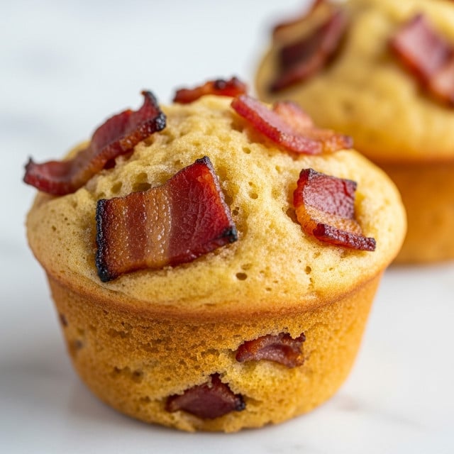The image shows a close-up of two golden muffins with a rough and crumbly texture. The top layer is light golden brown with pieces of cooked bacon scattered irregularly, adding a reddish-brown color contrast. The muffin base is a darker golden brown, showing a slightly crispy edge. The background features a white marbled surface, softly blurred to keep the focus on the muffins. photo taken with an iphone --ar 4:5 --v 7