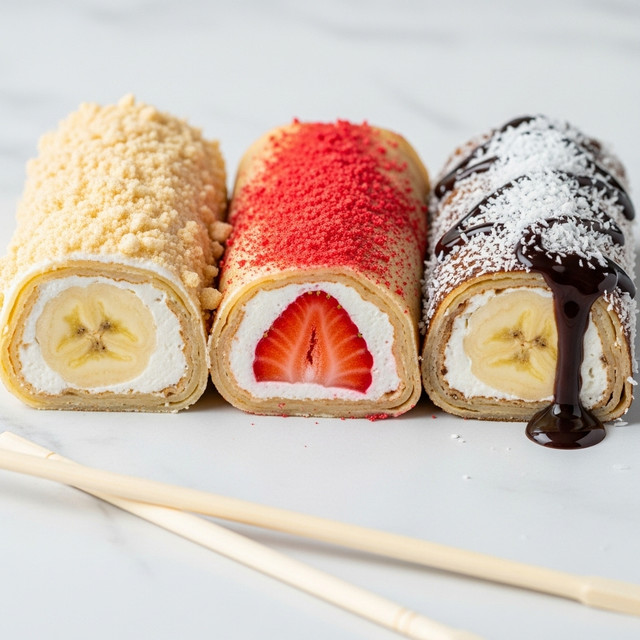 Three rolled crepes are placed side by side on a white marble surface, each cut to show a different filling and topping. The left crepe has a thick banana slice in the center, surrounded by white cream, and the outside is covered with crushed light beige crunchy bits. The middle crepe shows a bright red strawberry at its core, wrapped in white cream, topped with red powdery crumbs. The right crepe also has a banana slice with cream inside, coated on the outside with white coconut shreds and drizzled with dark shiny chocolate sauce. A pair of wooden chopsticks rests diagonally in front of the crepes. photo taken with an iphone --ar 4:5 --v 7