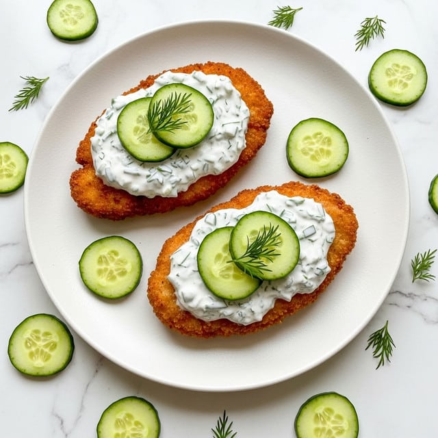 Two pieces of golden brown fried fish with a crispy texture sit on a white plate. Each fish piece is topped with a creamy white sauce that has green herbs mixed in, giving it a slightly speckled look. On top of the sauce are three thin, round cucumber slices arranged neatly, with small sprigs of fresh dill placed on the cucumbers. Extra cucumber slices are scattered around the edges of the plate. The plate is set on a white marbled surface. photo taken with an iphone --ar 4:5 --v 7