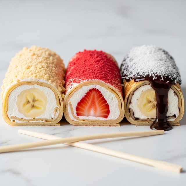 Three thick rolled crepes are placed side by side on a white rectangular plate on a white marbled surface. The first crepe shows a cross-section revealing a banana slice center, surrounded by white cream, with a light golden-brown crepe layer, topped with small crushed nut pieces. The middle crepe contains a large strawberry half in the center with white cream around it, covered by the light crepe layer, and topped with bright red powder and small red crumb clusters. The third crepe features a banana slice in the center with cream around it, wrapped in the golden-brown crepe, topped with white shredded coconut and drizzled dark chocolate. A pair of light wooden chopsticks rest beside the plate. photo taken with an iphone --ar 4:5 --v 7