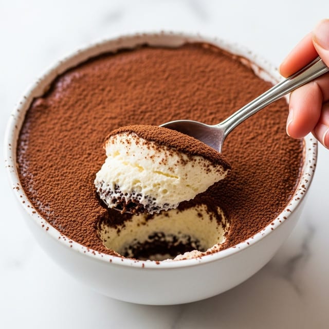 The image shows a close-up of a white bowl with a layered dessert inside. The top layer is thick and dark brown, covered fully with cocoa powder that looks soft and powdery. Below the cocoa, there is a creamy, smooth off-white layer, which appears light and fluffy with tiny dark specks. A silver spoon held by a woman's hand scoops out a portion, revealing the creamy layer under the cocoa powder and some darker layers beneath. The background surface is a white marbled texture. photo taken with an iphone --ar 4:5 --v 7