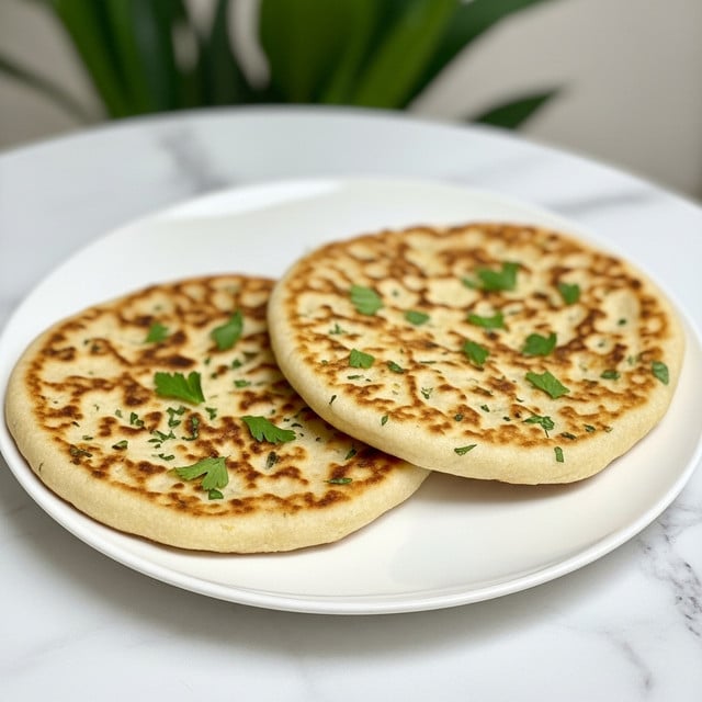 Two flatbreads stacked on a round white plate, each flatbread has a lightly browned, golden surface with darker toasted spots and small bubbles scattered across. They are sprinkled with small green herb pieces, likely parsley or cilantro, giving a fresh contrast. The flatbreads look soft with a slightly chewy texture, and the edges are smooth and rounded. The background is a white marbled surface, creating a clean and bright setting. photo taken with an iphone --ar 4:5 --v 7