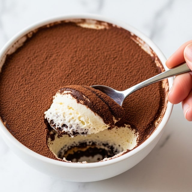 The image shows a close-up of a round white ceramic cup filled with tiramisu. The top layer is covered with a thick, even dusting of dark brown cocoa powder. Below the cocoa powder, there is a creamy, light beige mascarpone cheese layer with small specks visible, indicating a smooth and rich texture. A silver spoon held by a woman's hand is scooping up a portion, revealing a moist, light brown coffee-soaked sponge cake layer beneath the cream. The cup is placed on a white marbled surface. photo taken with an iphone --ar 4:5 --v 7