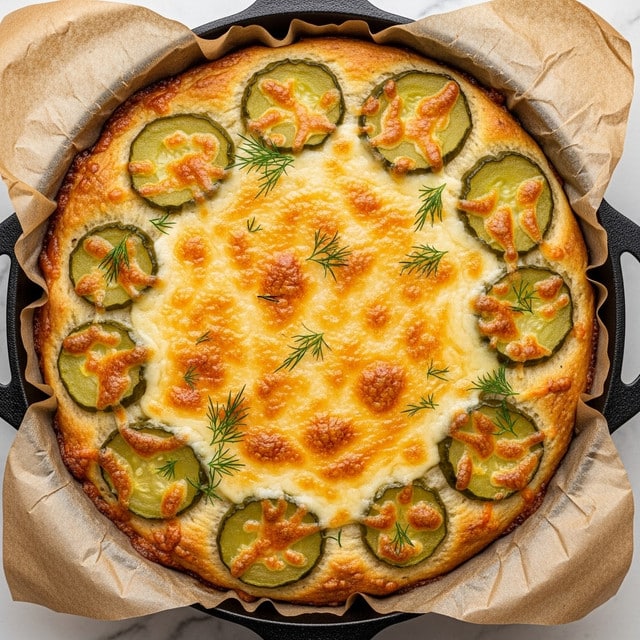 The dish is a baked casserole in a black cast iron pan lined with brown parchment paper. The top layer is golden-brown melted cheese with a smooth, bubbly texture spread evenly across the surface. Below the cheese are round green pickle slices with a shiny, slightly translucent appearance, scattered on top and blending into the melted cheese. Small sprigs of fresh dill with delicate green leaves are lightly sprinkled across the cheesy surface, adding specks of color. The edges of the casserole have a slightly browned, crispy look where the cheese has bubbled and melted onto the parchment paper. The setting includes a white marbled texture beneath the pan, enhancing the rustic presentation. Photo taken with an iphone --ar 4:5 --v 7