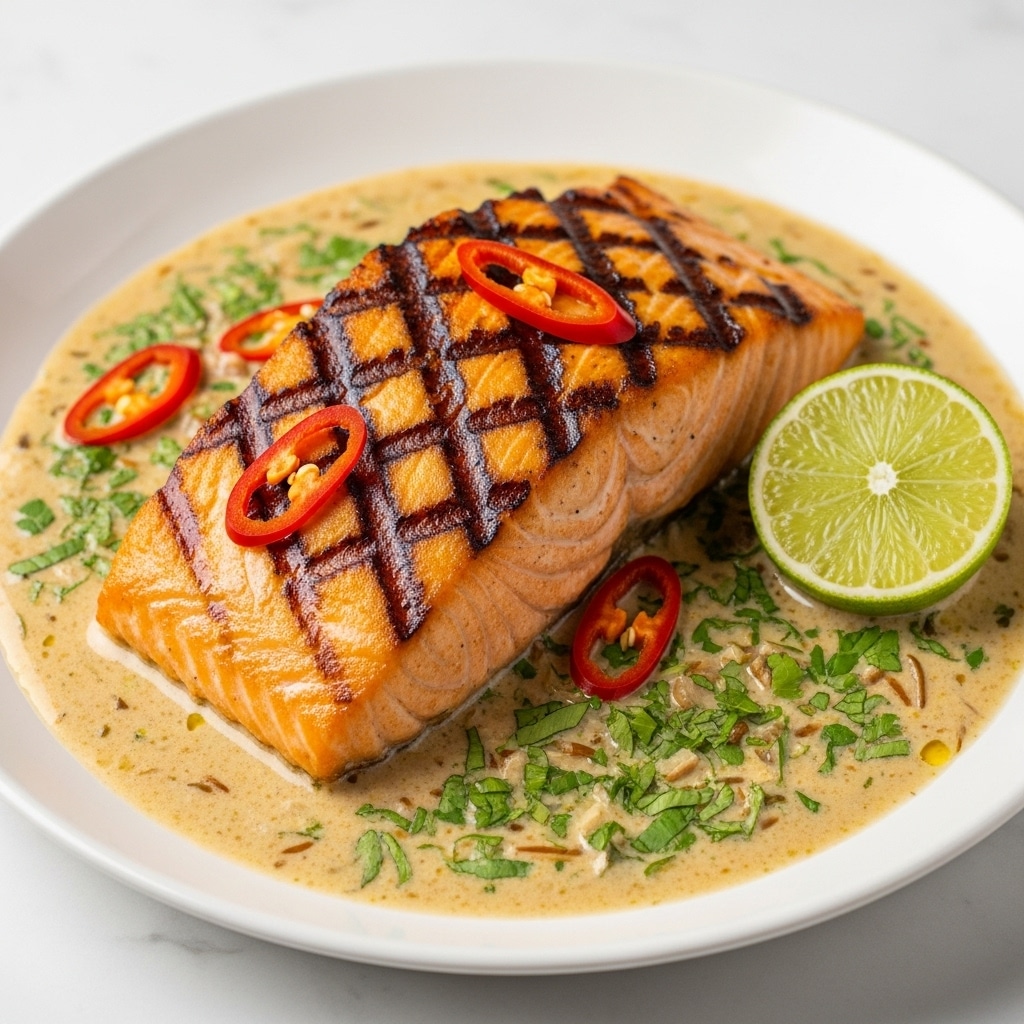 The image shows a thick piece of grilled salmon with dark brown grill marks on its crispy, golden-orange surface. The salmon rests in a creamy, light beige sauce filled with chopped green herbs. Bright red chili slices are placed on top of and around the fish, adding vibrant color. A wedge of fresh lime sits on the right side, partially in the sauce. The dish is on a white plate placed on a white marbled surface. Photo taken with an iphone --ar 4:5 --v 7