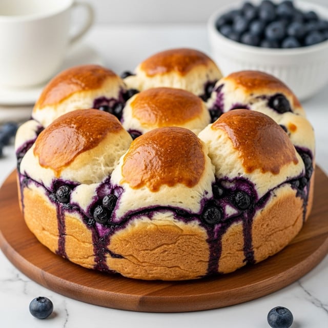 A round baked bread with a golden brown top layer, showing a soft white dough base beneath. The bread is divided into petal-like sections with plump, deep purple blueberries embedded in each section, some blueberries slightly bursting and blending with the white dough. The bread sits on a wooden tray on a white marbled surface. In the background, a white cup and a white bowl filled with fresh blueberries are softly out of focus. Photo taken with an iphone --ar 4:5 --v 7