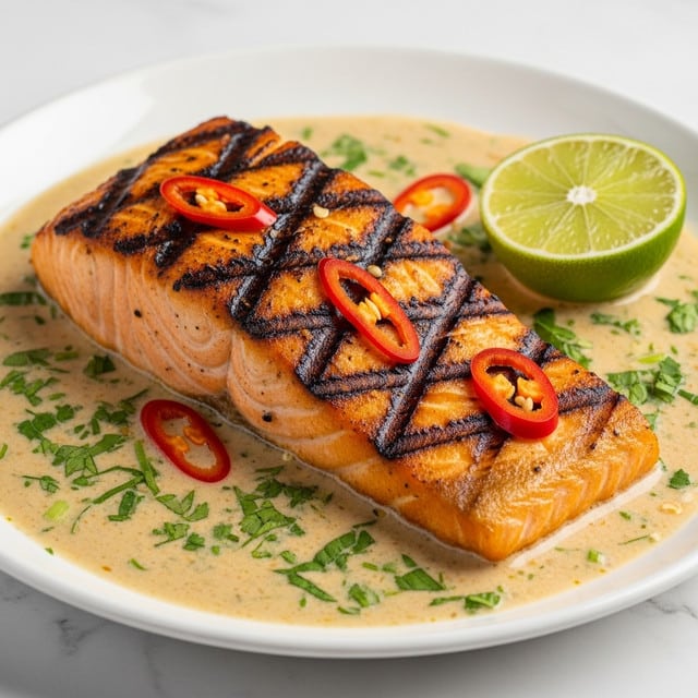 The image shows a piece of grilled salmon with a golden brown, slightly crispy skin on top. It sits in a creamy, pale yellow sauce that is scattered with green herbs and some small pieces of red chili. A few fresh green cilantro leaves are placed on the salmon, adding a pop of color. A lime wedge is visible on the side, all arranged on a white plate set on a white marbled surface. The photo was taken with an iphone --ar 4:5 --v 7