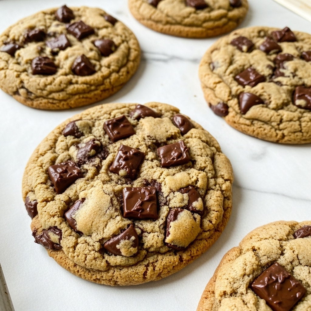 A close-up view of four chunky chocolate chip cookies resting on a baking tray lined with parchment paper, each cookie showing a thick, bumpy texture with large dark brown chocolate chunks and smaller chips embedded unevenly throughout a golden-brown soft dough base. The cookies have slightly crisp, lightly browned edges and a soft, chewy center with visible cracks and crevices, all set against a white marbled surface. Photo taken with an iphone --ar 4:5 --v 7