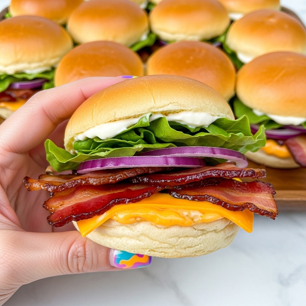 A close-up view of a small sandwich held by a woman's hand with colorful nail art, showing a soft, light golden bun on top and bottom. Inside, layers include crispy, shiny bacon strips with a reddish-brown glaze, bright green lettuce, thin slices of purple onion, creamy white sauce, and a melted orange-yellow cheese layer. In the background, more identical small buns are arranged closely together on a wooden tray, all on a white marbled surface. Photo taken with an iphone --ar 4:5 --v 7