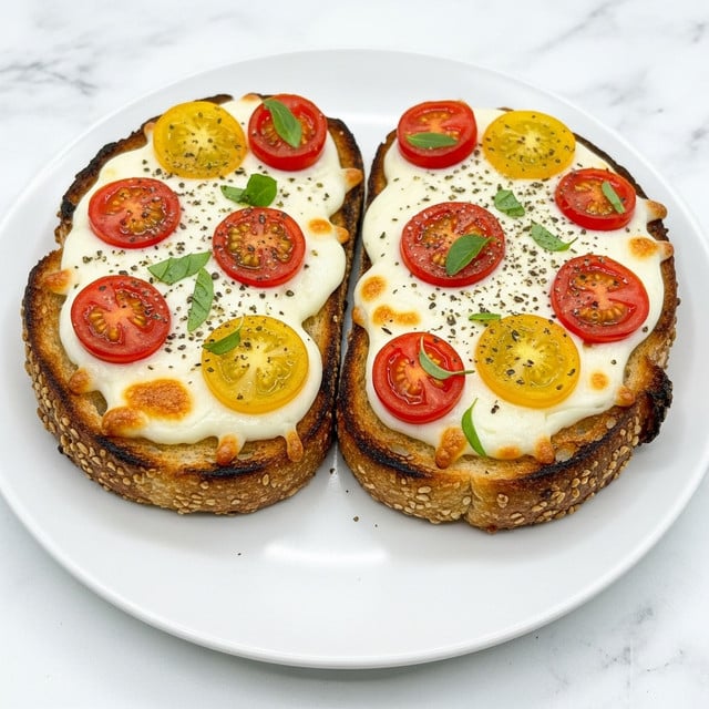 The image shows two slices of toasted bread on a white plate placed on a white marbled surface. Each slice has three layers: the base is a golden-brown toasted bread with a slightly rough texture and dark edges, the middle layer is melted white cheese spread evenly covering the bread with some golden bubbling spots, and the top layer consists of halved cherry tomatoes in red and yellow scattered across the cheese, with small green herb leaves and a sprinkle of black pepper evenly spread on top. The cheese slightly melts over the edges of the bread, creating a rich and inviting look. photo taken with an iphone --ar 4:5 --v 7