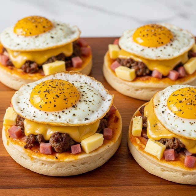 Four small round breakfast pizzas sit on a wooden board against a white marbled texture. Each pizza has one sunny-side-up egg with a bright yellow yolk in the center, surrounded by a layer of melted golden cheese. Scattered on top are small chunks of cooked bacon and bits of browned sausage, creating a mix of red, pink, and brown colors and a slightly crispy texture. The pizza crusts are light golden and soft with a slight puff around the edges. Light specks of black pepper and herbs are sprinkled on the eggs and toppings, adding detail to the surface. The photo focuses on the closest pizza with a warm, natural light highlighting the melted cheese and egg glossiness. Photo taken with an iphone --ar 4:5 --v 7