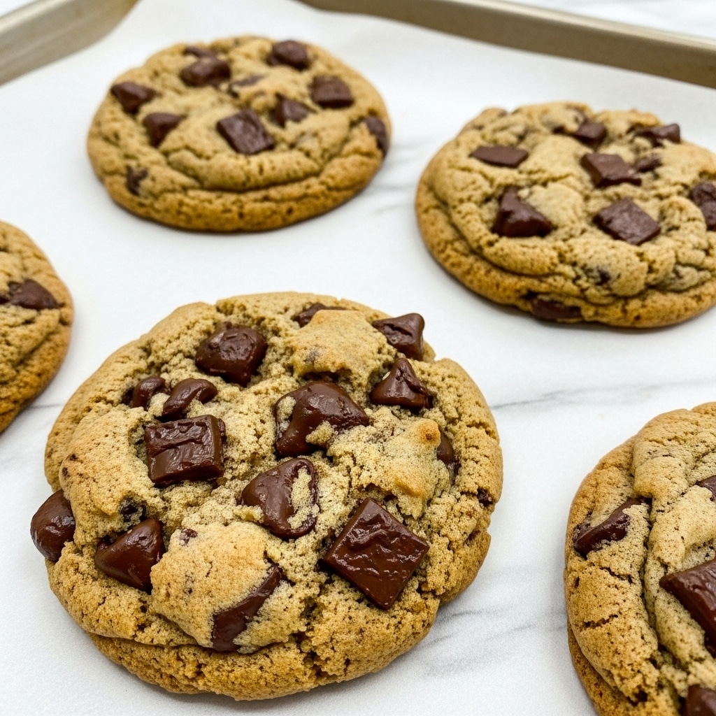 The image shows four large, thick chocolate chip cookies on a metal baking tray lined with parchment paper. Each cookie is light golden brown with a soft, crumbly texture and uneven surfaces filled with many dark brown chocolate chunks and chips scattered throughout. The cookies have slightly darker crispy edges while the centers look soft and chewy. The tray is placed on a white marbled surface, and the close-up view highlights the rich texture and melted chocolate pieces. Photo taken with an iphone --ar 4:5 --v 7