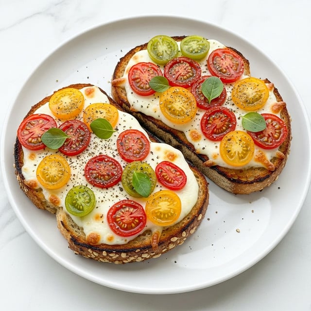 Two slices of toast sit on a white plate over a white marbled surface. Each slice has a golden-brown crust as the base layer, topped with a thick layer of melted white cheese that is bubbly and slightly browned in spots. On top of the cheese, there are bright red and yellow cherry tomato halves scattered evenly. Small pieces of green herbs are sprinkled across the surface, adding pops of color. The toast edges are crisp and well-toasted, contrasting with the soft, creamy cheese and juicy tomatoes. Photo taken with an iphone --ar 4:5 --v 7