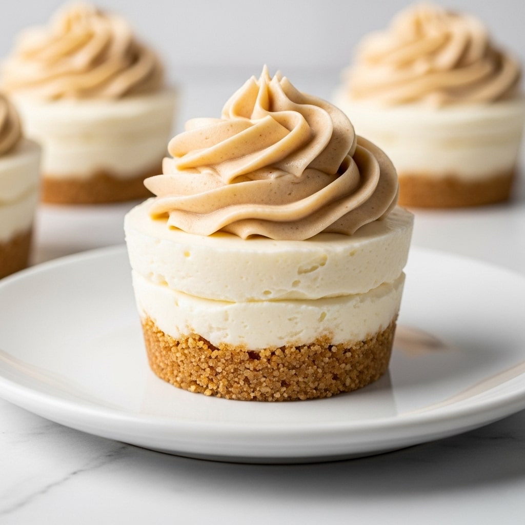 The image shows a close-up of a small dessert cup with three layers on a white plate, sitting on a white marbled surface. The bottom layer is crumbly and golden brown, resembling a biscuit or crust. Above it is a thick, creamy white layer that looks smooth and soft. The top layer is a swirled, light brown cream with a delicate, glossy texture, piped in a circular pattern. In the background, there are two similar dessert cups slightly out of focus. The lighting is soft and natural, highlighting the textures of the layers. Photo taken with an iphone --ar 4:5 --v 7