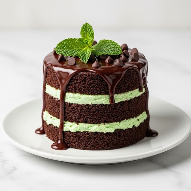 A small layered chocolate cake is shown on a white plate, set on a white marble surface. The cake has two thick dark chocolate sponge layers, with a creamy green mint filling in between, making three visible layers total. The top of the cake is covered with dark chocolate sauce that drips down the sides. Fresh mint leaves and small chocolate chips decorate the top. The texture looks rich and moist, with smooth and creamy middle filling. Photo taken with an iphone --ar 4:5 --v 7