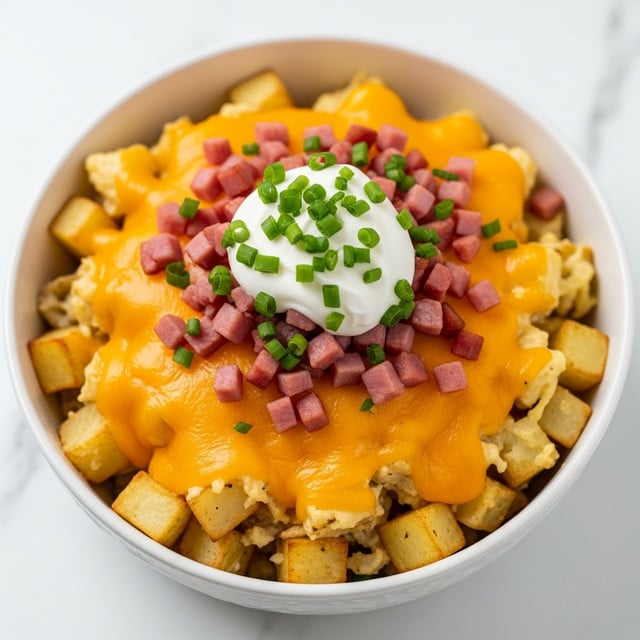 A black skillet holds a dish with three visible layers: a base of diced golden-brown potatoes, topped with melted bright orange cheese that covers the potatoes smoothly, sprinkled with small pieces of pink ham, and garnished with green chopped herbs. At the center, a dollop of white sour cream adds a creamy contrast. The skillet rests on a white marbled surface. photo taken with an iphone --ar 4:5 --v 7