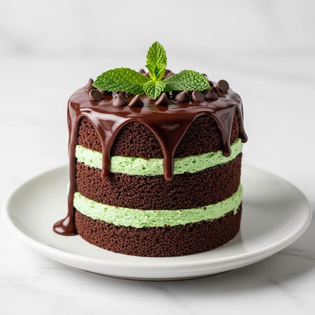 A small, round cake with three layers is shown on a white plate. The top and bottom layers are dark brown chocolate cake, and the middle layer is light green mint cream with small dark pieces in it. A thick, shiny dark chocolate sauce drips down the sides from the top layer. There are small chocolate chips sprinkled around the top edge, with two fresh green mint leaves placed in the center. The scene is set on a white marbled surface. photo taken with an iphone --ar 4:5 --v 7