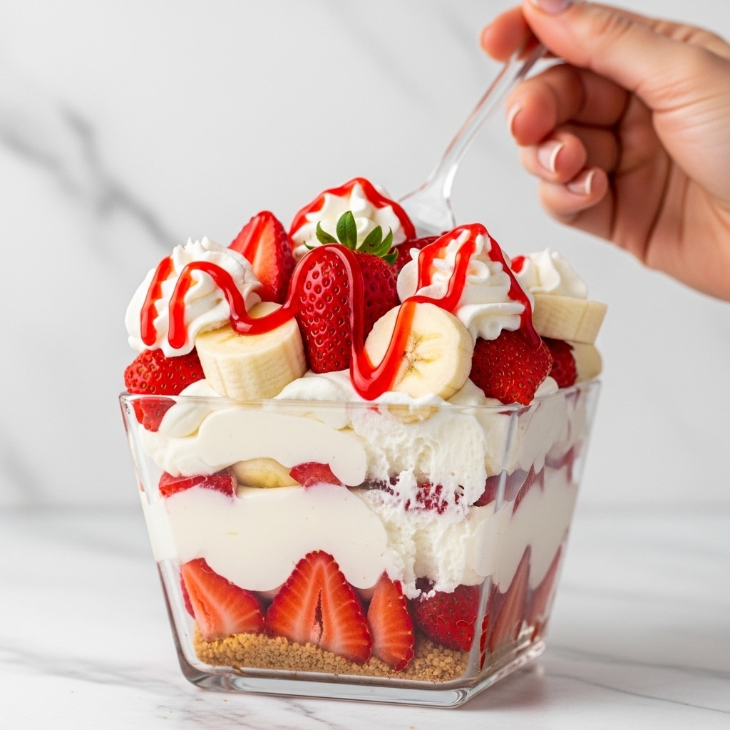 The image shows a close-up slice of a layered dessert in a clear square glass bowl. The bottom layer is a mix of sliced strawberries and whipped cream. Above that is a thick layer of creamy white filling speckled with more strawberry pieces. On top lies a generous mix of sliced bananas, whole strawberries, and dollops of whipped cream, with bright red strawberry sauce drizzled all over. The textures range from smooth cream to juicy fruit, and the colors are mostly white, red, and yellow. A woman's hand holds a clear dessert fork above the bowl, ready to take a bite. The background is a white marbled texture. photo taken with an iphone --ar 4:5 --v 7