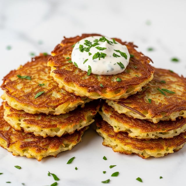 The image shows a close-up of six crispy golden-brown potato pancakes stacked in a slightly uneven pile on a white marbled surface. Each pancake has a rough, crunchy texture with thin, fried strands of potato visible. On the top pancake, there is a dollop of creamy white sauce, sprinkled with finely chopped green herbs. More small green herb bits are scattered loosely around the pancakes on the white marbled surface. Photo taken with an iphone --ar 4:5 --v 7
