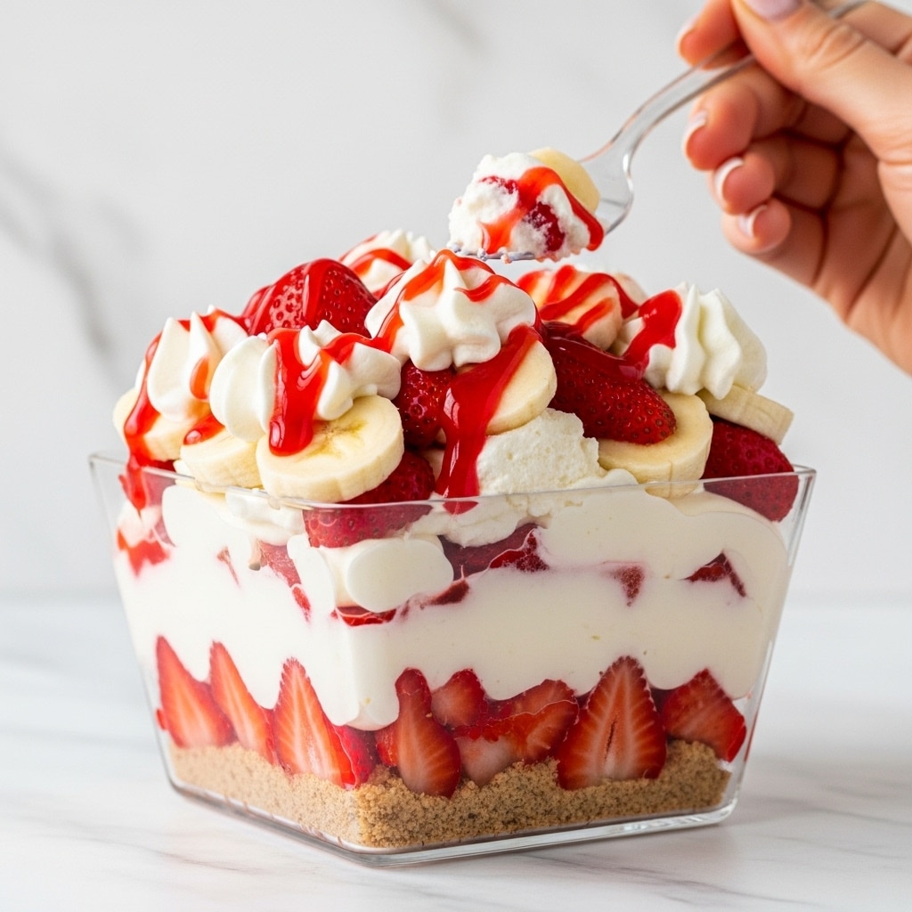 A square piece of layered dessert is shown on a clear glass plate, held by a woman's hand from the right side. The dessert has three visible layers: a bottom crunchy biscuit layer light brown in color, a middle creamy white layer with pieces of strawberries, and a top layer of fresh sliced bananas and strawberries on a creamy white base with some red strawberry sauce drizzled unevenly. The strawberries are bright red, and the bananas are pale yellow with soft texture. The plate sits on a white marbled surface. Photo taken with an iphone --ar 4:5 --v 7