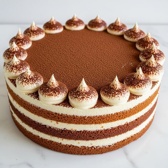 A four-layer cake with alternating light cream and soft brown sponge layers visible from the side, topped with a smooth layer of cream dusted evenly with cocoa powder. Around the edge, there are twelve swirls of cream, each sprinkled lightly with cocoa powder, creating a decorative border. The cake sits on a white marbled surface. photo taken with an iphone --ar 4:5 --v 7