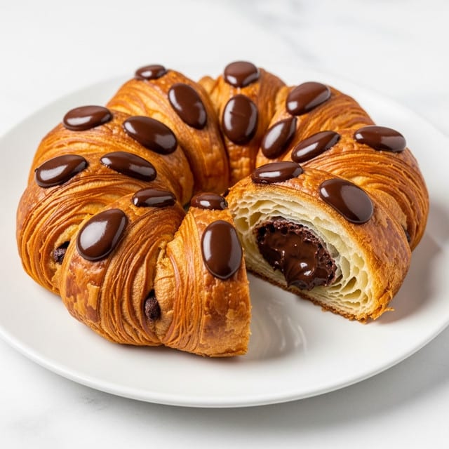 A round, flaky pastry with a golden-brown, crisp outer layer topped with generous dollops of dark, glossy chocolate pieces. The inside shows multiple delicate layers of light yellow pastry wrapped around a rich, thick filling of dark chocolate chunks. The pastry has been cut in half to reveal its soft, gooey center filled densely with melted chocolate bits. It is placed on a white plate set on a white marbled surface. photo taken with an iphone --ar 4:5 --v 7