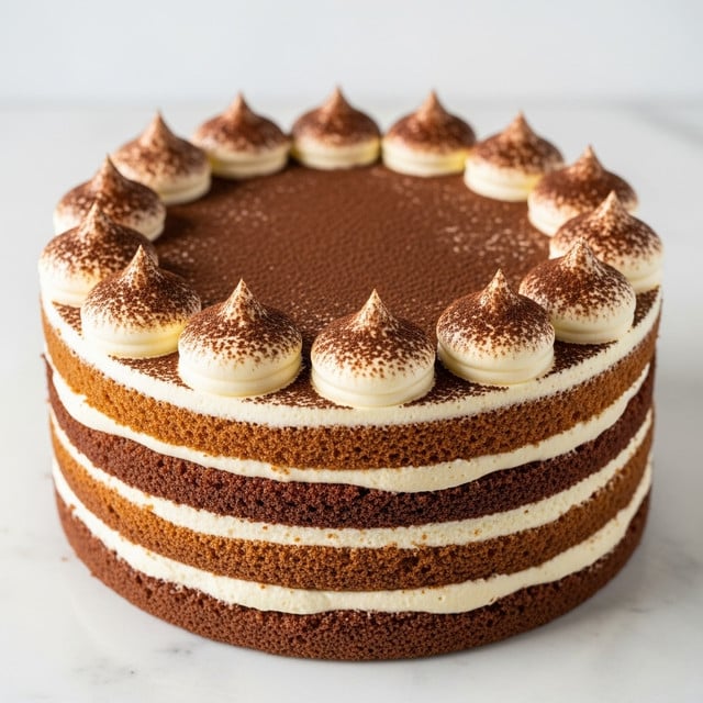 A four-layer cake with light brown sponge layers alternating with thick creamy white frosting layers, showing a bit of a naked cake style where the sides are partly exposed. The top is fully covered with smooth cream and dusted with dark brown cocoa powder. Around the edge of the top layer, there are evenly spaced swirls of white cream with a sprinkle of cocoa powder on each. The cake sits on a white plate, and the background is a white marbled texture. photo taken with an iphone --ar 4:5 --v 7