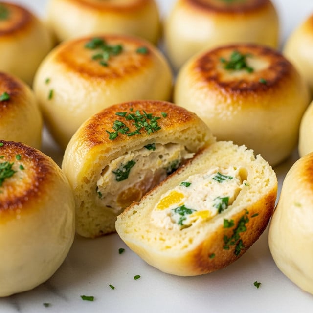The image shows several small, round, golden brown bites with a browned, crispy top layer sprinkled with small green herb pieces. One piece is cut in half and placed on top of the others, showing a soft, creamy, pale yellow inside mixed with small green herb bits. The pieces are arranged closely together on a white plate, all sitting on a white marbled texture surface. photo taken with an iphone --ar 4:5 --v 7