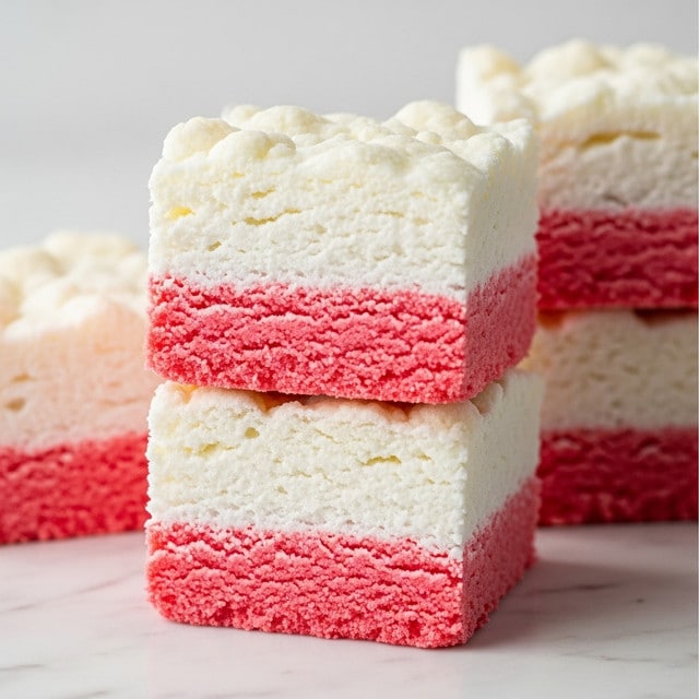 The image shows a close-up of four square-shaped pink treats stacked on top of each other. Each treat has two layers: a solid pink bottom layer that looks soft and crumbly, and a fluffy white top layer that looks light and cloud-like with a slightly rough texture. The treats are placed on a smooth surface with a white marbled texture, giving a clean and bright background. The lighting is soft, highlighting the texture contrast between the fluffy white layer and the pink base. photo taken with an iphone --ar 4:5 --v 7