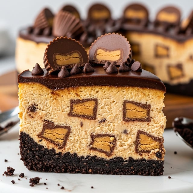 The image shows a close-up of a thick slice of peanut butter cheesecake on a white marbled surface. The dessert has four main layers: a dark, crumbly chocolate crust at the bottom, a thick peanut butter cheesecake layer with chunks of peanut butter cups mixed inside, a smooth layer of shiny chocolate ganache on top, and whole peanut butter cups cut in halves placed on top as decoration. Small chocolate chips are scattered over the ganache. The texture of the cheesecake layer is creamy with visible pieces of chocolate and peanut butter cup. In the foreground, part of a wooden board is visible with some crumbs and a blurred spoon handle. Photo taken with an iphone --ar 4:5 --v 7