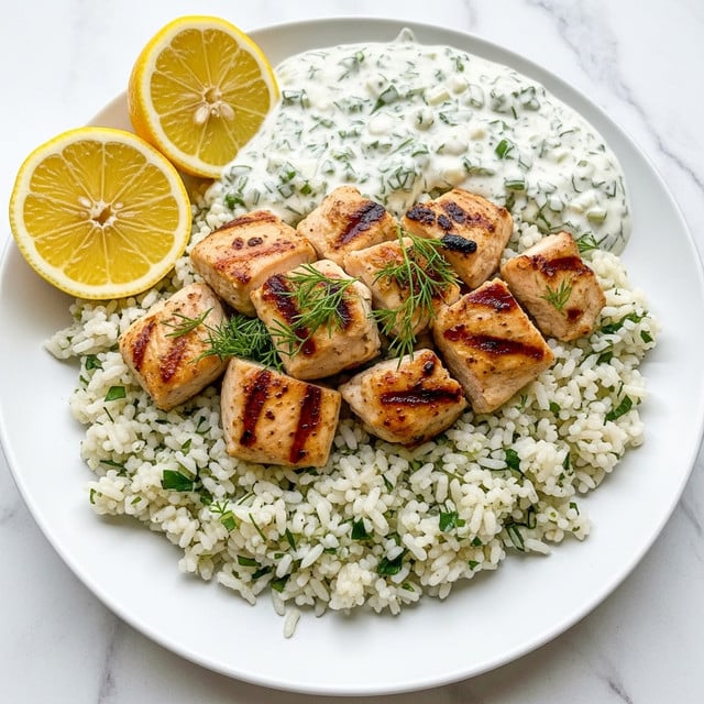 A white plate holds a dish made of three layers; the bottom layer is a bed of fluffy white rice mixed with small green herb pieces. On top of the rice, there are chunks of grilled chicken with a golden-brown color and light char marks, scattered with fresh green dill sprigs. The top layer includes a creamy white sauce, speckled with chopped green herbs, covering part of the chicken and rice. Two bright yellow lemon wedges are placed on the side, adding a fresh contrast. The background shows a white marbled texture. photo taken with an iphone --ar 4:5 --v 7