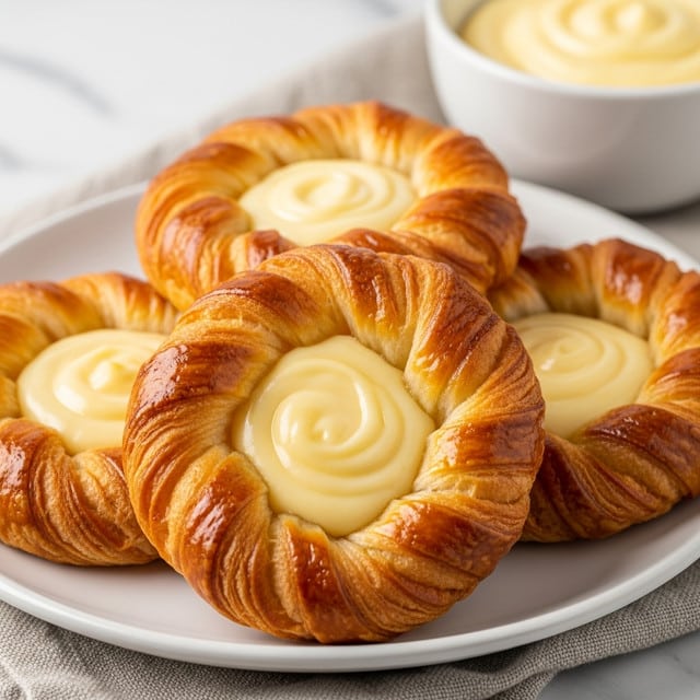 The image shows four round pastries on a white plate, each with a golden-brown, flaky crust twisted into a circular shape with multiple layers visible. At the center of each pastry is a smooth, creamy filling that is pale yellow in color and has a glossy texture. The plate rests on a blue and white cloth over a white marbled surface, and there is a blurred white bowl in the background. The pastries look fresh and soft, with the layers of crust slightly puffed and crisp around the edges. Photo taken with an iphone --ar 4:5 --v 7
