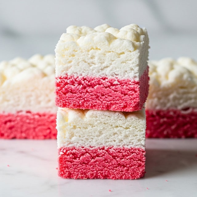 A close-up view of a stack of three soft, square rice treats with a vibrant pink base layer and fluffy white marshmallow topping that has a slightly bumpy texture. Each square shows a clear separation between the pink rice layer and the matte, cloud-like white layer on top. The treats rest on a white marbled surface that adds a clean and bright background, making the pink and white colors stand out vividly. photo taken with an iphone --ar 4:5 --v 7