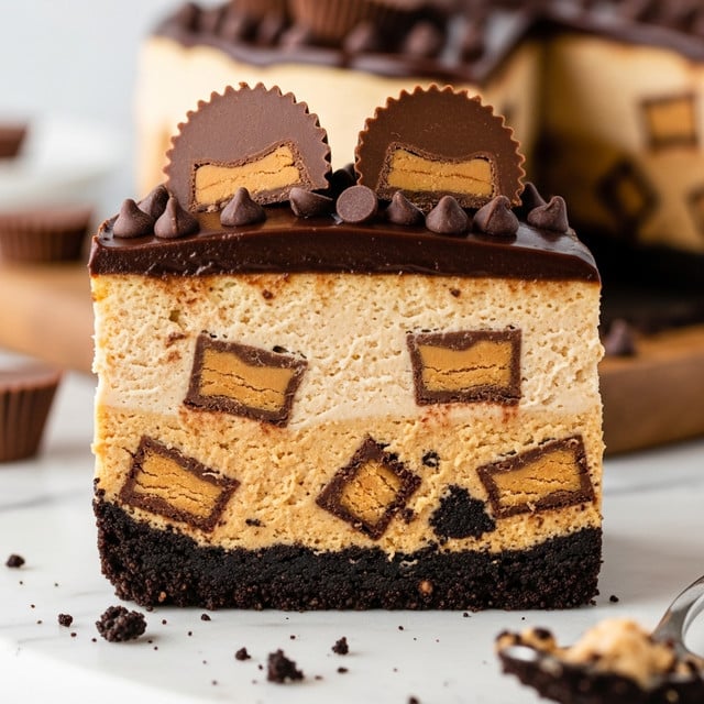 A close-up slice of a multi-layer peanut butter and chocolate dessert rests on a white marbled surface. The base layer is a dense, dark chocolate cookie crust topped by a thick, creamy peanut butter filling mixed with chunks of peanut butter cups. Above this is a smooth, lighter peanut butter mousse layer, all covered by a shiny dark chocolate ganache. Small chocolate chips are sprinkled on top, along with halved peanut butter cups placed on the surface, showing their peanut butter center. The texture is rich and creamy with contrasting colors of deep brown, golden tan, and light peanut butter hues. Photo taken with an iphone --ar 4:5 --v 7