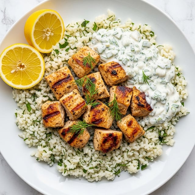 The dish is served in a white bowl placed on a white marbled surface. The bottom layer is a bed of fluffy white rice mixed with small bits of herbs. On top of the rice, there are chunks of grilled chicken, golden brown with light char marks, scattered unevenly. Beside the chicken, a thick white sauce full of finely chopped green herbs is spread generously. Two bright yellow lemon slices rest on the rice next to the sauce. Small sprigs of fresh dill are sprinkled over the chicken and sauce, adding a touch of green to the overall presentation. photo taken with an iphone --ar 4:5 --v 7