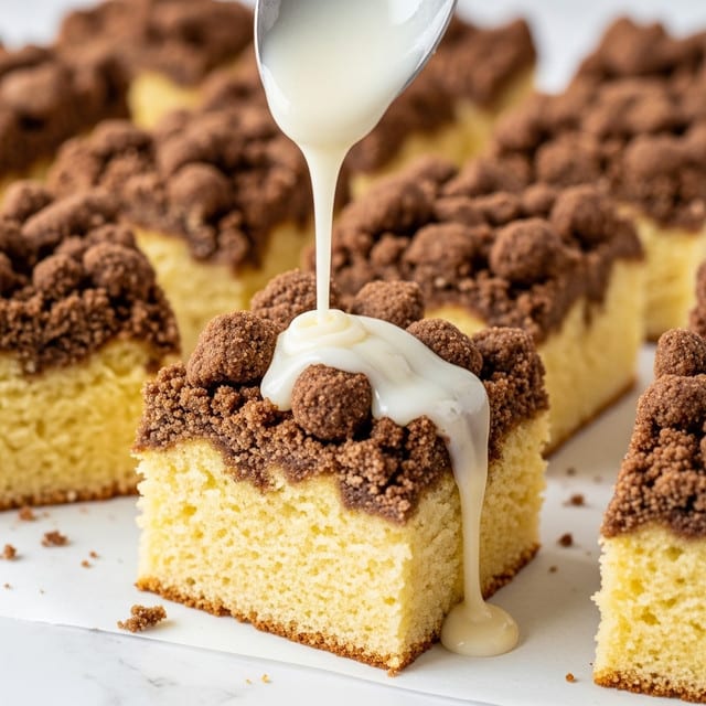 The image shows square pieces of coffee cake with a thick, light yellow base layer topped by a crumbly, dark brown streusel layer full of textured chunks. A spoon is pouring a smooth, white glaze over the crumbly topping of one piece, creating a shiny contrast against the coarse crumb topping. The scene sits on a white marbled texture, with a close-up focus on the pouring glaze and the detailed cake layers beneath. photo taken with an iphone --ar 4:5 --v 7
