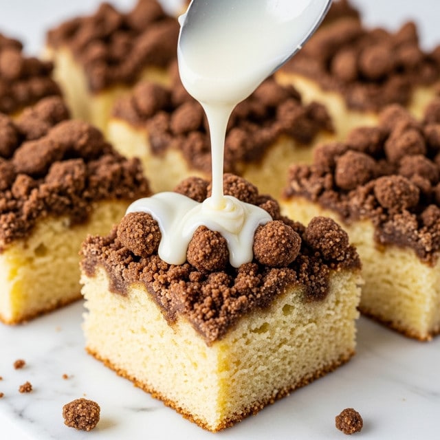 The image shows a close-up of a piece of crumb cake with two main layers. The bottom layer is thick, light beige, and soft looking, forming the cake base. The top layer is a crumbly, dark brown cinnamon streusel with a rough texture that covers the entire surface. White icing is being drizzled over the streusel from a spoon above, with the icing forming a smooth, flowing stream that lands on the cake piece. The cake pieces rest on brown parchment paper over a white marbled surface. Photo taken with an iphone --ar 4:5 --v 7