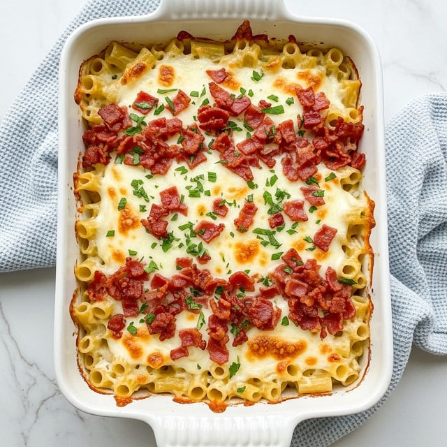 A close-up view of a baked pasta dish in a white ceramic casserole dish, showing three main layers: a bottom layer of cooked pasta shells, a middle layer of creamy white sauce mixed with pieces of cooked chicken, and a top layer covered with melted golden-brown cheese and crispy bacon bits, all sprinkled with finely chopped green herbs. The edges of the dish have browned bits of cheese, and the background is a white marbled texture with a folded blue cloth to one side. photo taken with an iphone --ar 4:5 --v 7