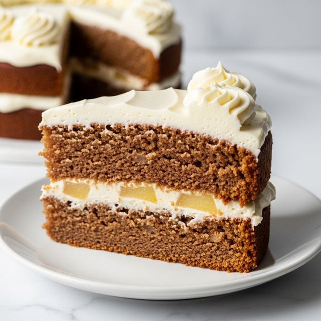 A slice of two-layer cake sits on a white plate with a white marbled surface in the background. The cake has a moist brown texture with visible pieces of apple inside the layers. Between the two cake layers, there is a thick layer of creamy white frosting. The top layer of the cake is covered with a smooth white frosting, decorated with soft swirls. Photo taken with an iphone --ar 4:5 --v 7