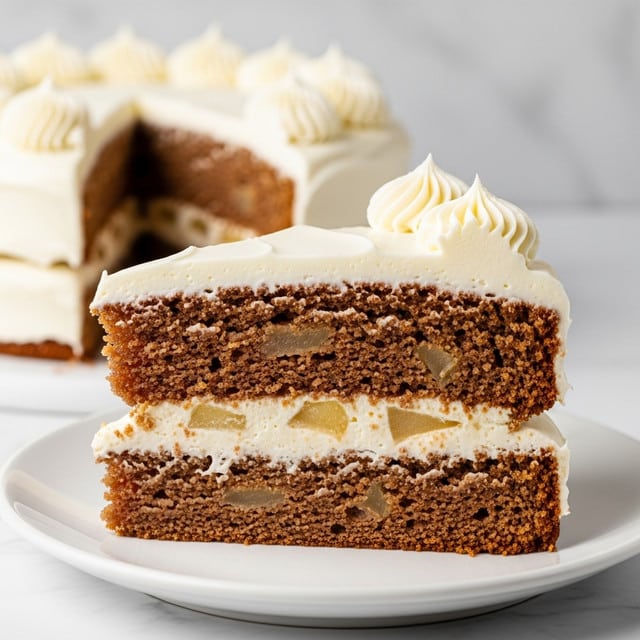 A slice of cake is shown on a white plate with a white marbled surface background. The cake has three main layers: the bottom and top layers are golden brown and look moist with small bits inside, possibly nuts or fruit pieces; the middle layer is thick, creamy, and white. The top of the cake slice is covered with a smooth layer of white frosting, decorated with soft, swirled peaks. The texture of the cake layers is slightly crumbly, and the frosting looks rich and fluffy. Photo taken with an iphone --ar 4:5 --v 7