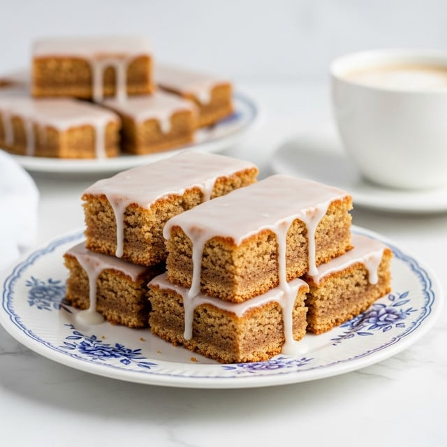 Four rectangular cake bars are stacked in a pyramid shape on a white plate with blue floral and leaf patterns. Each bar has two visible layers: a golden-brown, textured cake layer at the bottom and a thick, smooth, pale beige glaze layer dripping slightly over the edges on top. The plate is placed on a white marbled surface, and in the background, more bars on a similar plate and a white cup with a light brown drink are softly out of focus. The scene has warm lighting, highlighting the glossy shine of the glaze. photo taken with an iphone --ar 4:5 --v 7